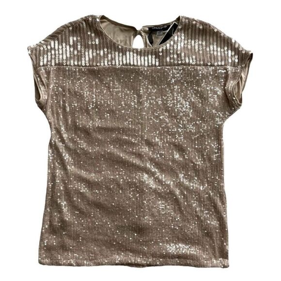 Cable & Gauge Sequin Embellished Tan Top Sequin Embellished Blouse Buffsequin - Picture 1 of 5